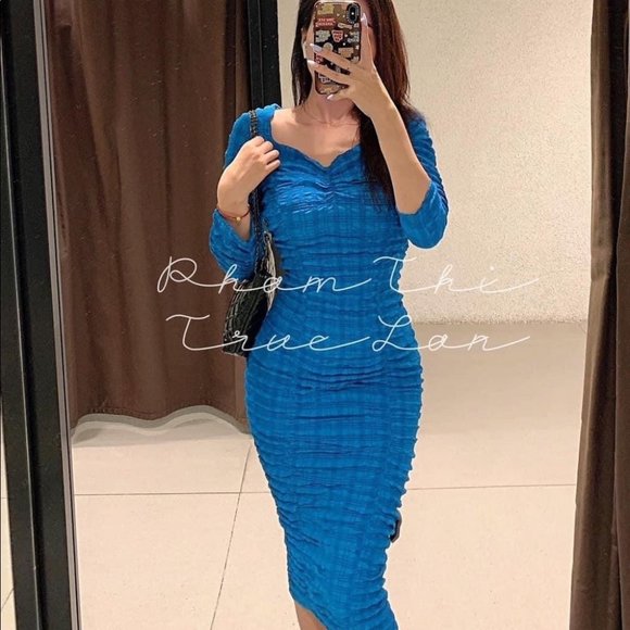 Zara Blue Textured Midi Dress - Picture 8 of 8